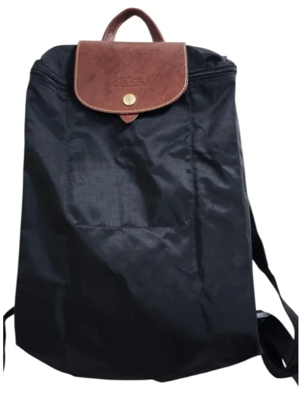 Longchamp Le Pliage Backpack Black Nylon Brown Leather Foldable NWOT